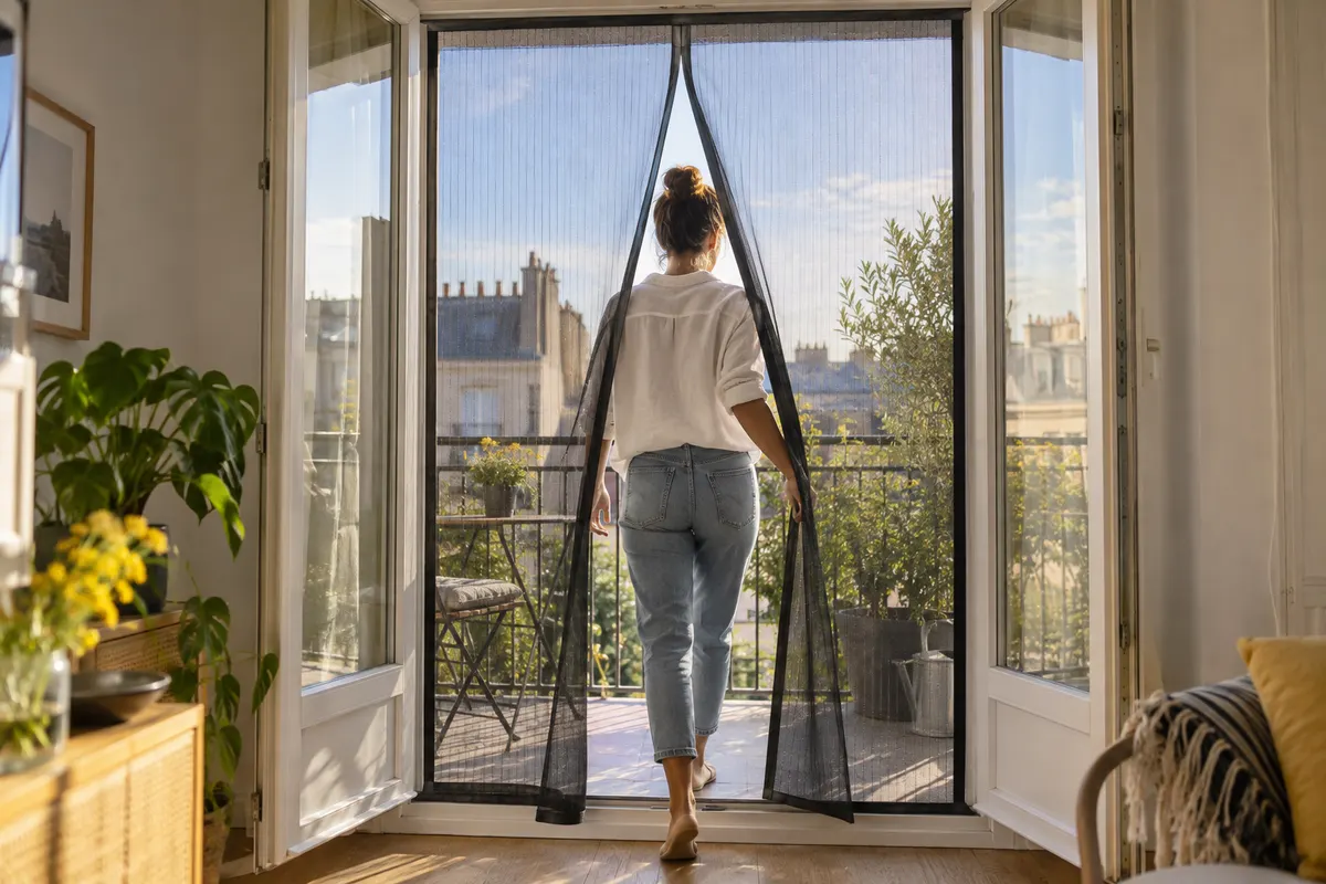 Passage à travers une moustiquaire magnétique de porte-fenêtre