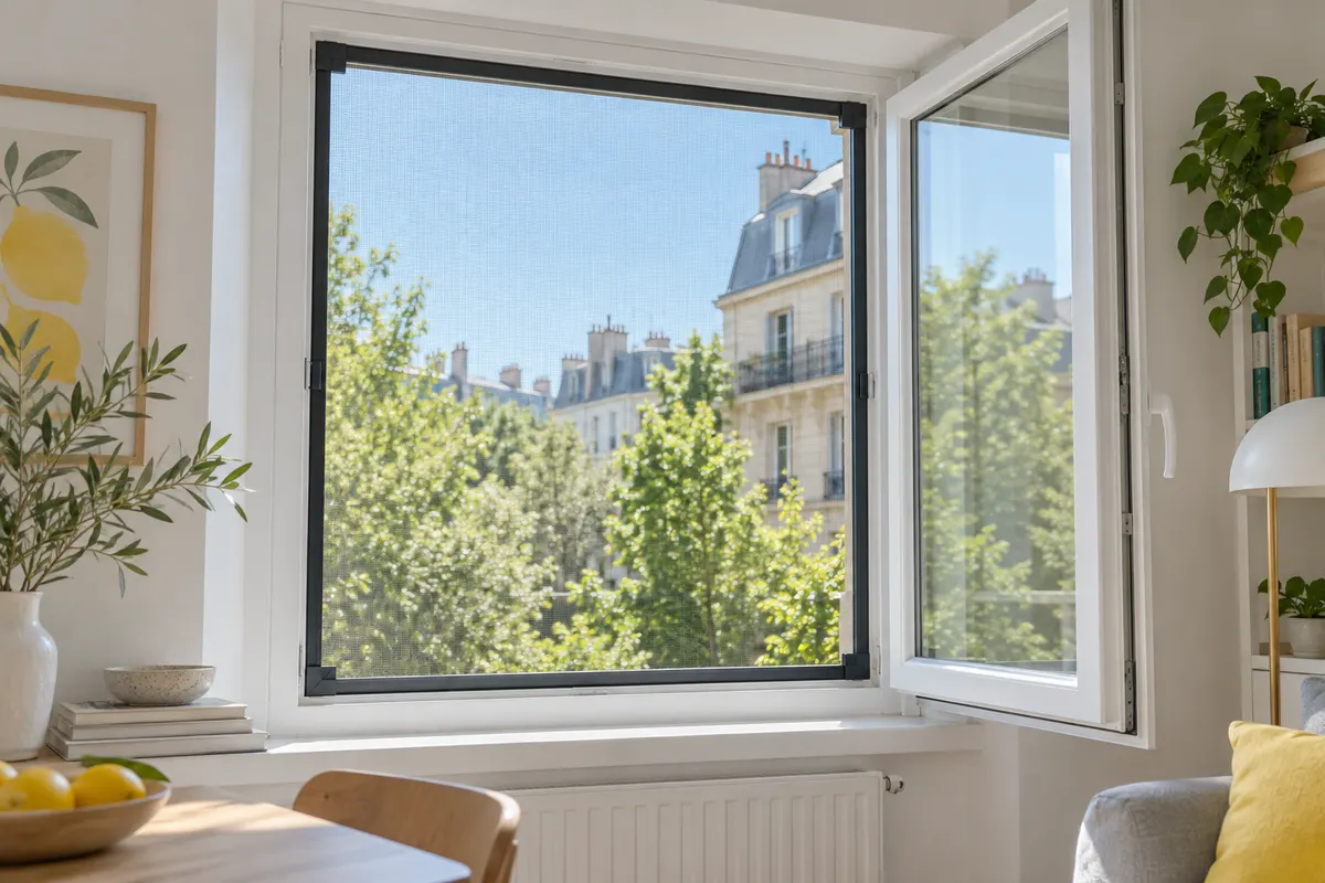 Fenêtre lumineuse équipée d’une moustiquaire amovible sombre sans perçage